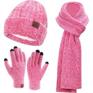 Women's Pink Red Warm Knit Beanie Hat Touchscreen Gloves Long Neck Scarf Set